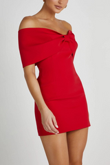 Red off-the-shoulder mini dress with bow detail