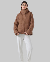Short puffer jacket with hood and high collar