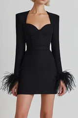 Black mini dress with feather details and long sleeves