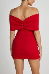 Red off-the-shoulder mini dress with bow detail