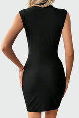 Black sleeveless draped midi dress