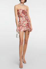 Pink strapless mini dress with pattern and draping
