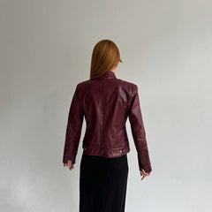 Burgundy moto jacket with stand-up collar