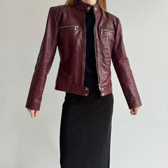 Burgundy moto jacket with stand-up collar
