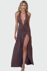 Deep V-neck, open back, high slit purple maxi dress