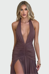 Deep V-neck, open back, high slit purple maxi dress
