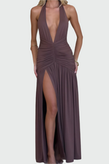 Deep V-neck, open back, high slit purple maxi dress