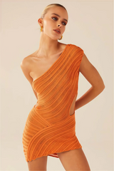 Orange asymmetrical mini dress with textured pattern