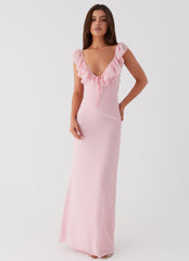 Light pink long dress with ruffles and plunging neckline
