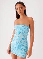 Turquoise floral strapless mini dress