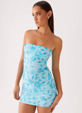 Turquoise floral strapless mini dress