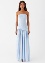 Light blue strapless maxi dress with slit