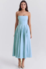 Strapless midi dress with pleated skirt