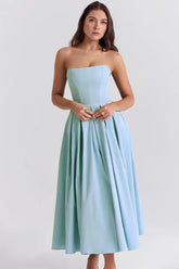 Strapless midi dress with pleated skirt