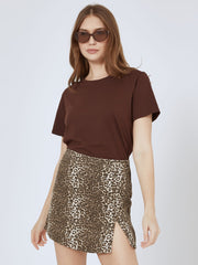 Brown leopard slit mini skirt