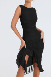 Ruffled midi dress with asymmetrical hem