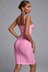 Pink fitted midi dress with bow detail