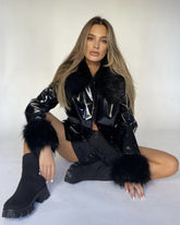 Black glossy short jacket with fluffy collar and cuffs