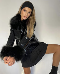 Black glossy short jacket with fluffy collar and cuffs