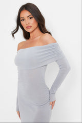 Light gray off-the-shoulder maxi dress