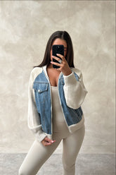 Denim jacket with zipper and contrasting sleeves