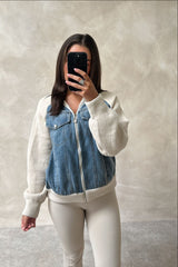 Denim jacket with zipper and contrasting sleeves