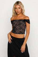 Off-the-shoulder crop top with floral openwork pattern