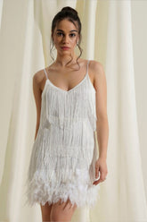 Feather dress with straps and V-neck