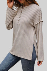 Beige ribbed long henley top