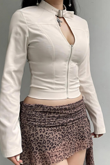 White jacket with stand-up collar and zipper