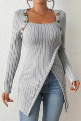 Long ribbed button-down top with asymmetrical hem