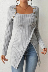 Long ribbed button-down top with asymmetrical hem