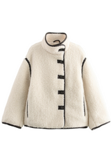 Jacket with stand-up collar and buttons, contrasting trim