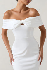 White off-the-shoulder mini dress with knot detail and keyhole