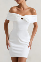 White off-the-shoulder mini dress with knot detail and keyhole