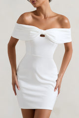 White off-the-shoulder mini dress with knot detail and keyhole