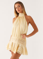 Yellow pleated backless mini dress