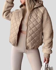 Beige quilted jacket with hood and teddy sleeves