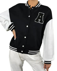 Black and white varsity jacket with letter patch