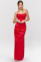 Red satin strapless long dress