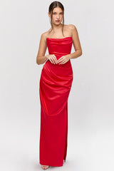 Red satin strapless long dress
