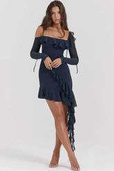 Navy blue ruffled asymmetrical dress