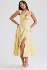 Yellow floral corset midi dress