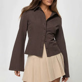 Chocolate brown pinstripe shirt with bell sleeves