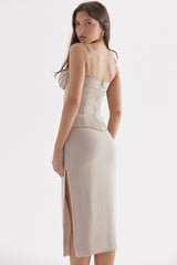 Champagne colored corset set with black lace details