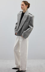 Gray short blazer with wide lapels and epaulettes