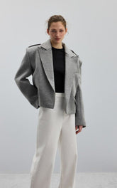 Gray short blazer with wide lapels and epaulettes
