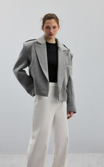 Gray short blazer with wide lapels and epaulettes