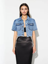 Light blue cropped denim jacket with short sleeves