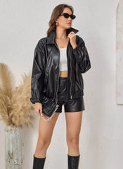 Black bomber jacket with zipper and elastic hem